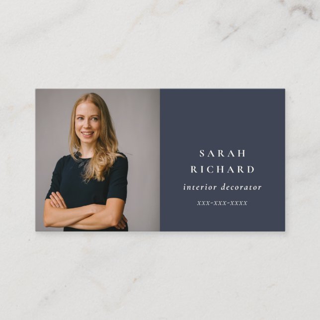 Simple Minimal Navy Blue Professional Custom Photo Business Card (Front)