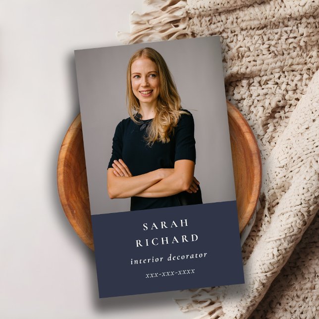 Simple Minimal Navy Blue Professional Custom Photo Business Card (Creator Uploaded)