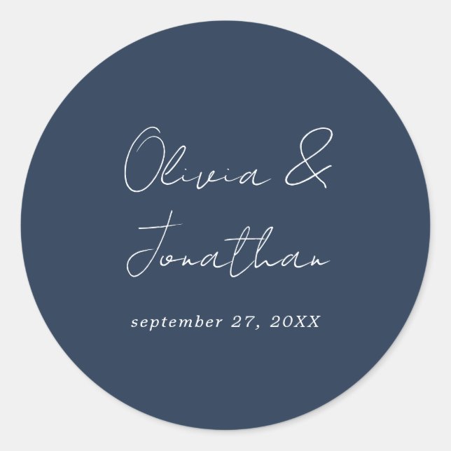 Simple Minimal Navy Blue Script Wedding Classic Round Sticker (Front)