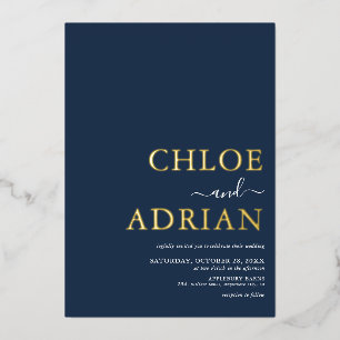 Simple Minimal Navy Blue Wedding Gold Foil Invitation