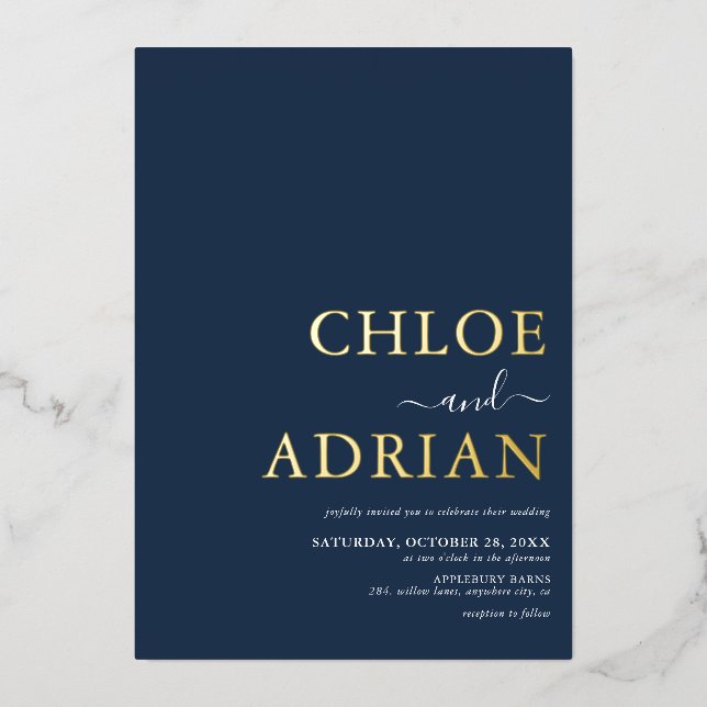 Simple Minimal Navy Blue Wedding Gold Foil Invitation (Front)