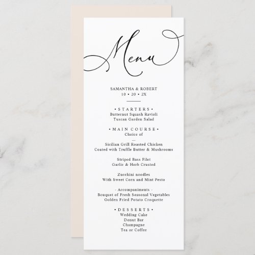 Simple Minimal Neutral Blush Wedding Dinner Menu - Designed to coordinate with our Romantic Script wedding collection, this customizable Menu card, features a sweeping script calligraphy text paired with a classy serif font in black with a dewy blush back with a customizable monogram. Matching items available.