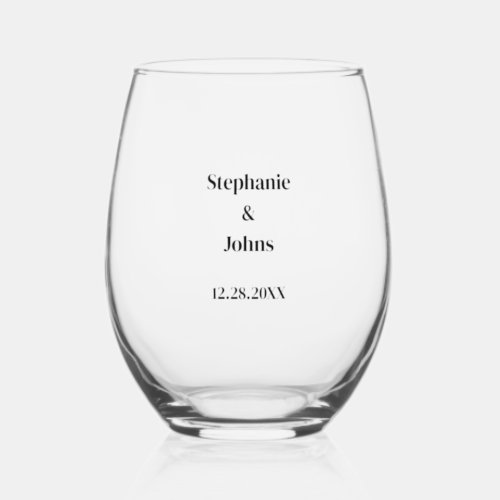 Simple Minimal Newlyweds Custom Name Wedding Favor Stemless Wine Glass