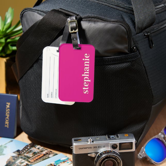 Simple Minimal Personalized Hot Pink Luggage Tag (Front & Back)
