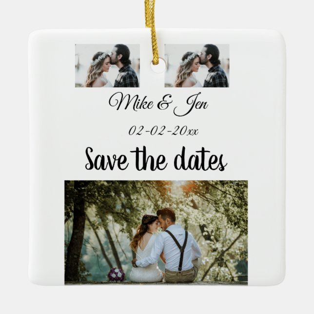 Simple minimal photo collage save the date invitat ceramic ornament (Front)