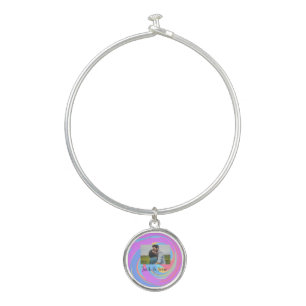 Simple minimal pink blue watercoloradd name photo bangle bracelet