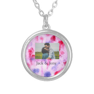 Simple minimal pink blue watercoloradd name photo silver plated necklace