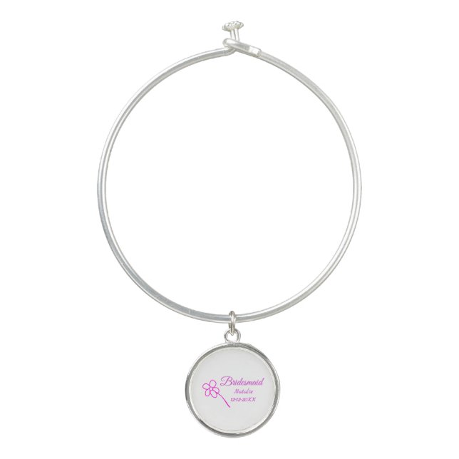 Simple minimal pink bridesmaid add name year text  bangle bracelet (Front)