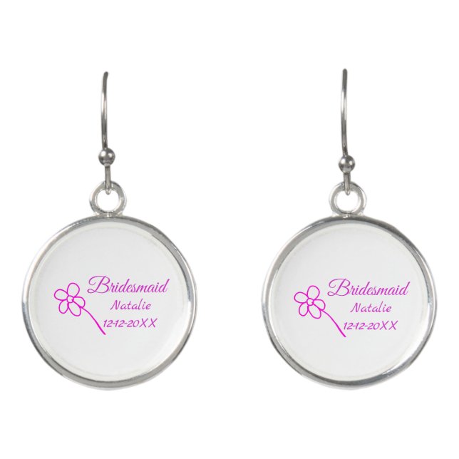 Simple minimal pink bridesmaid add name year text  earrings (Front)
