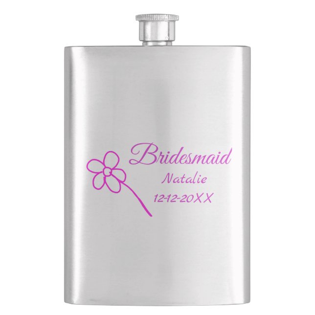 Simple minimal pink bridesmaid add name year text  flask (Front)