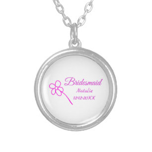 Simple minimal pink bridesmaid add name year text  silver plated necklace