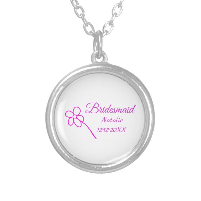 Simple minimal pink bridesmaid add name year text  silver plated necklace (Front)