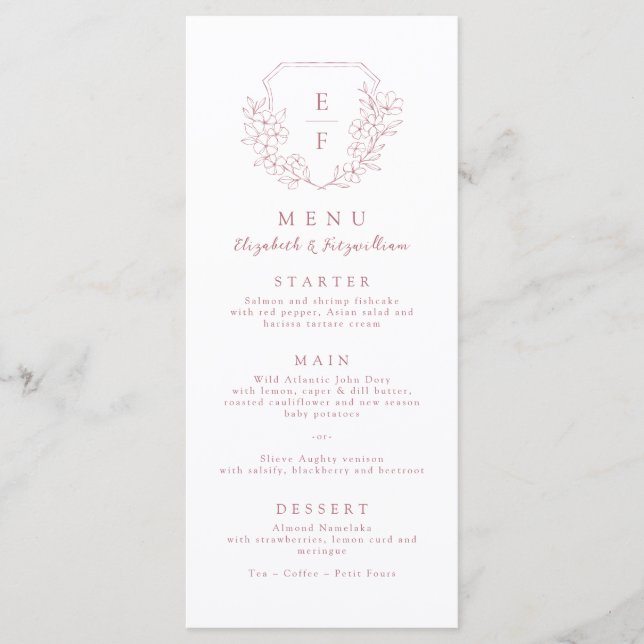 Simple Minimal Pink Cherry Blossom Monogram Crest Menu (Front)