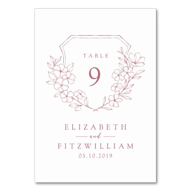 Simple Minimal Pink Cherry Blossom Monogram Crest  Table Number (Front)