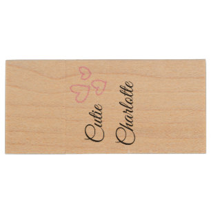 simple minimal pink heart glitter sparkle add name wood flash drive