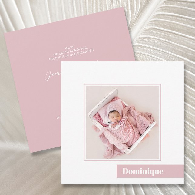 Simple Minimal Pink Photo Birth Announcement (Creator Uploaded)