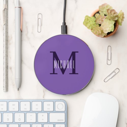Simple Minimal Purple Monogram Initial Name Wireless Charger