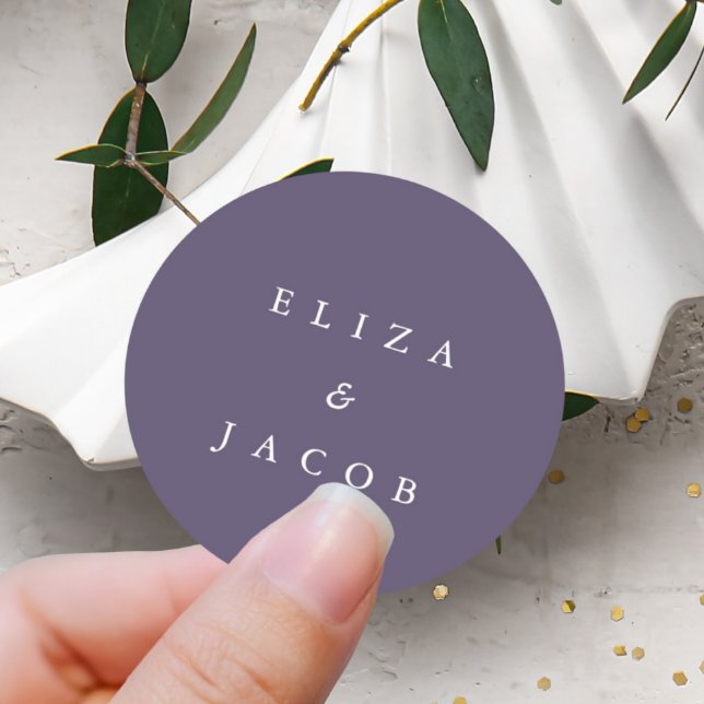 Simple Minimal Purple Personalized Wedding Classic Round Sticker (Creator Uploaded)