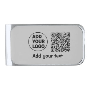 Simple minimal q r code add logo scan code name te silver finish money clip