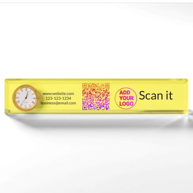 Simple minimal q r code add logo scan code name we desk name plate (Front)