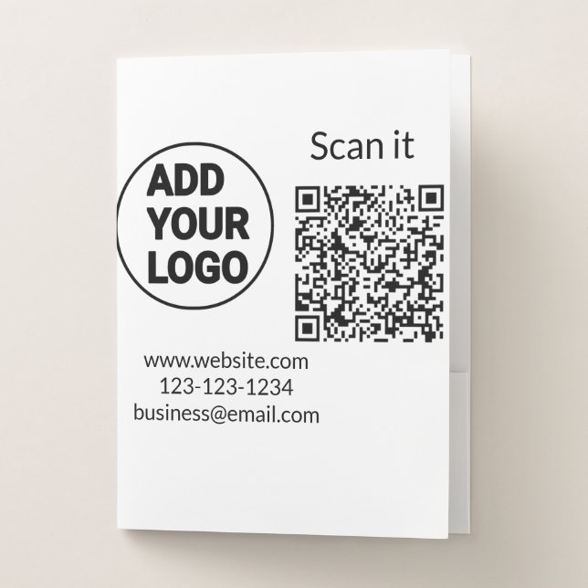 Simple minimal q r code add logo scan code name we pocket folder (Front)