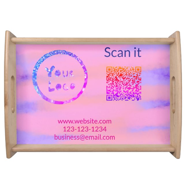 Simple minimal q r code add logo scan code name we serving tray (Front)