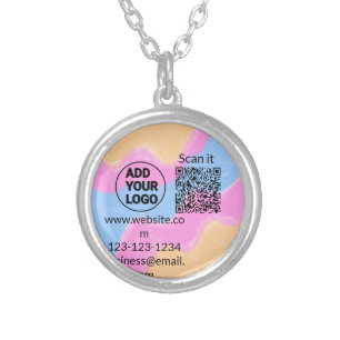Simple minimal q r code add logo scan code name we silver plated necklace
