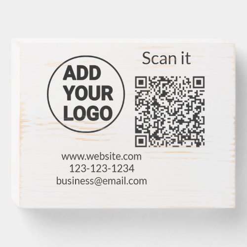 Simple minimal q r code add logo scan code name we wooden box sign