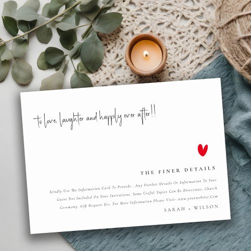 Simple Minimal Red Heart Script Wedding Details Enclosure Card