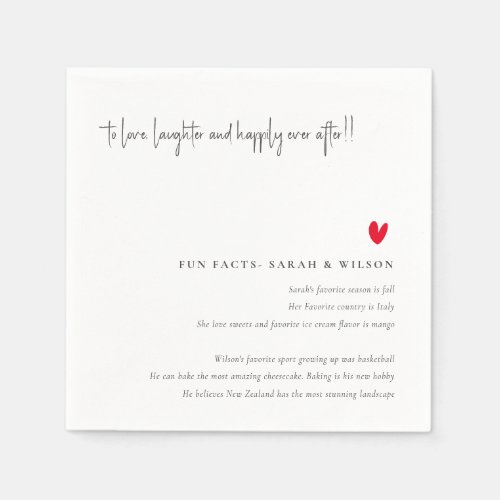 Simple Minimal Red Heart Script Wedding Fun Facts Napkins