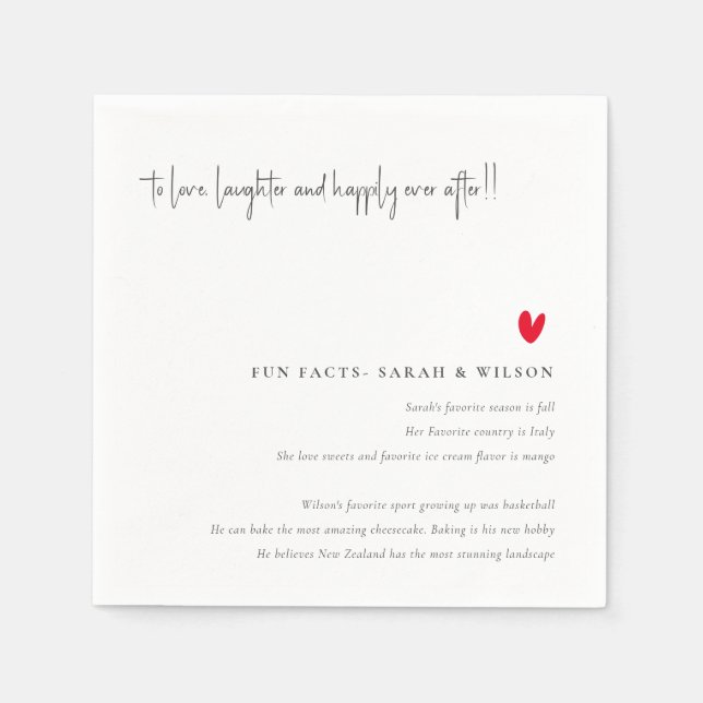Simple Minimal Red Heart Script Wedding Fun Facts Napkins (Front)