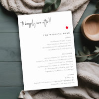 Simple Minimal Red Heart Script Wedding Menu Card