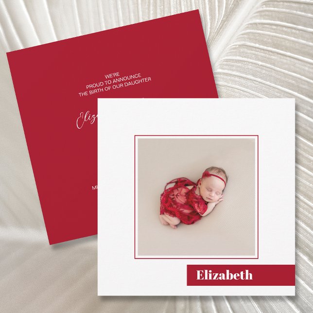 Simple Minimal Red Photo Birth Announcement (Creator Uploaded)