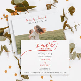 Simple Minimal Red Script With Photo White Wedding Save The Date