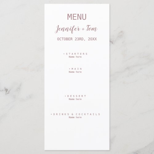 simple minimal rose gold wedding menu card