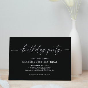 Simple Minimal Script Black White Adult Birthday Invitation