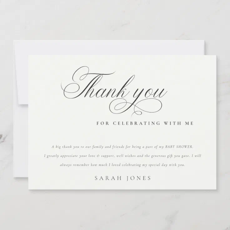 Simple Minimal Script Black White Baby Shower Thank You Card | Zazzle