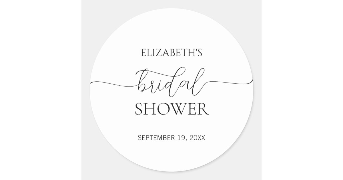 Simple Minimal Script Black & White Bridal Shower Classic Round Sticker ...