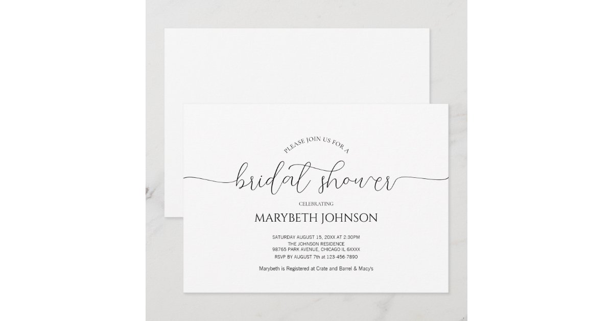 Simple Minimal Script Black & White Bridal Shower Invitation | Zazzle