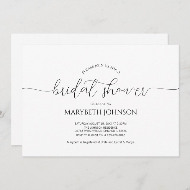 Simple Minimal Script Black & White Bridal Shower Invitation (Front/Back)