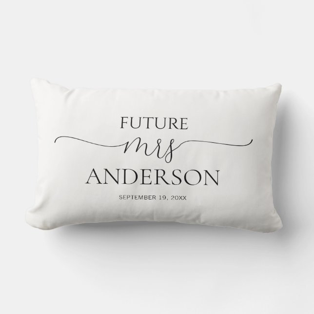 Simple Minimal Script Black & White Bridal Shower Lumbar Pillow (Front)
