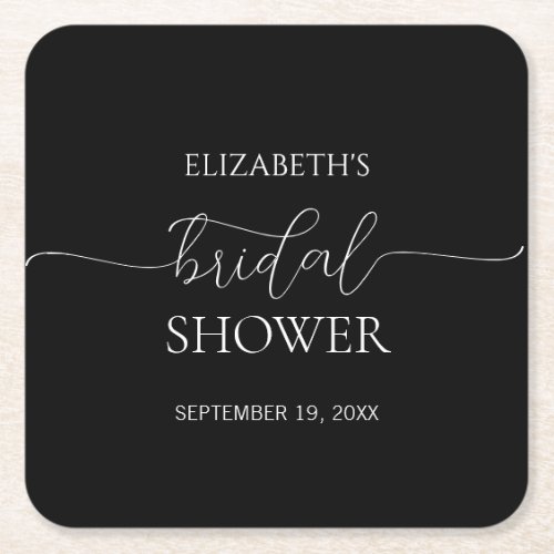 Simple Minimal Script Black  White Bridal Shower Square Paper Coaster