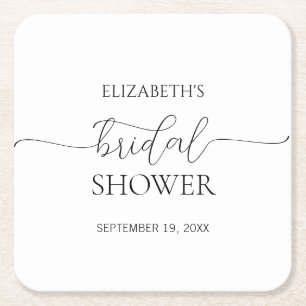 Simple Minimal Script Black & White Bridal Shower Square Paper Coaster