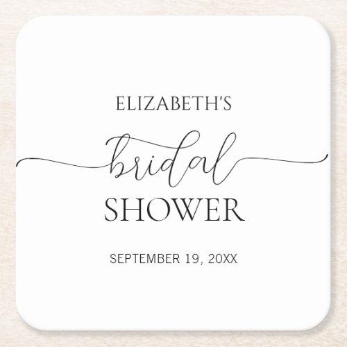 Simple Minimal Script Black  White Bridal Shower Square Paper Coaster