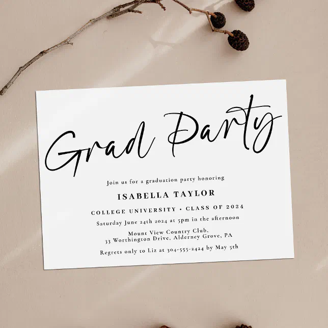 Simple Minimal Script Black White Graduation Party Invitation | Zazzle