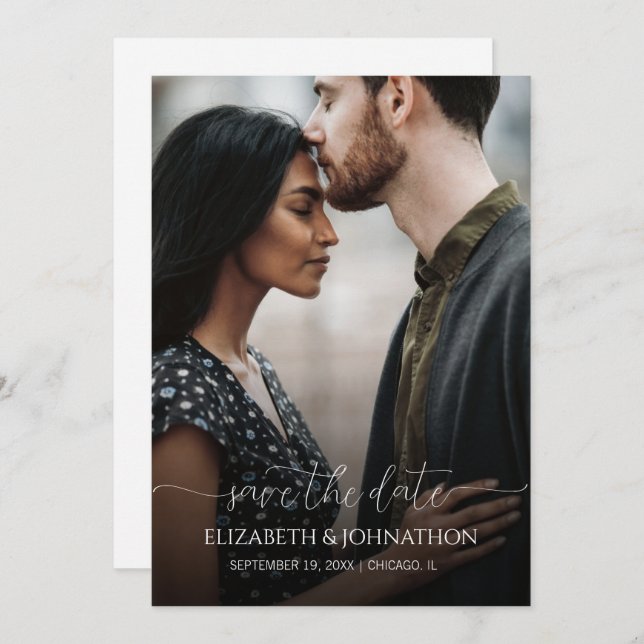 Simple Minimal Script Black & White Photo Wedding  Save The Date (Front/Back)