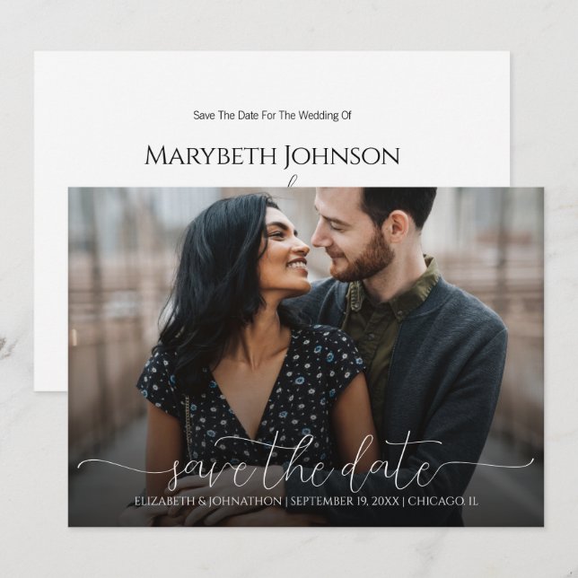 Simple Minimal Script Black & White Photo Wedding  Save The Date (Front/Back)
