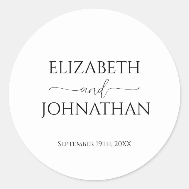 Simple Minimal Script Black & White Wedding Classic Round Sticker (Front)