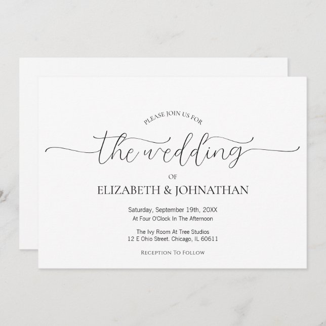 Simple Minimal Script Black & White Wedding  Invitation (Front/Back)
