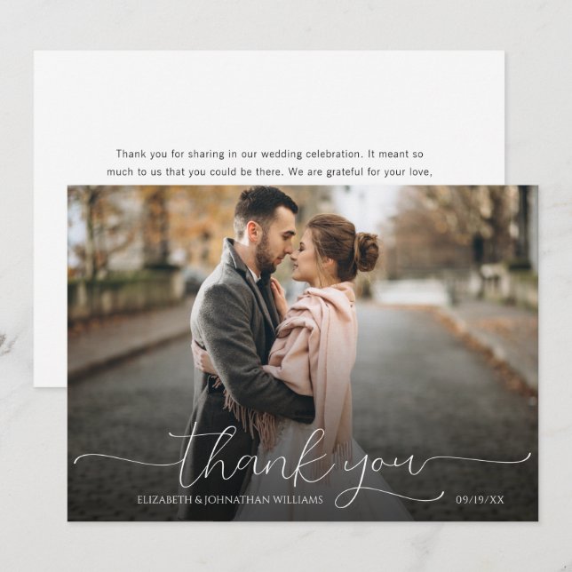 Simple Minimal Script Black & White Wedding Photo Thank You Card (Front/Back)